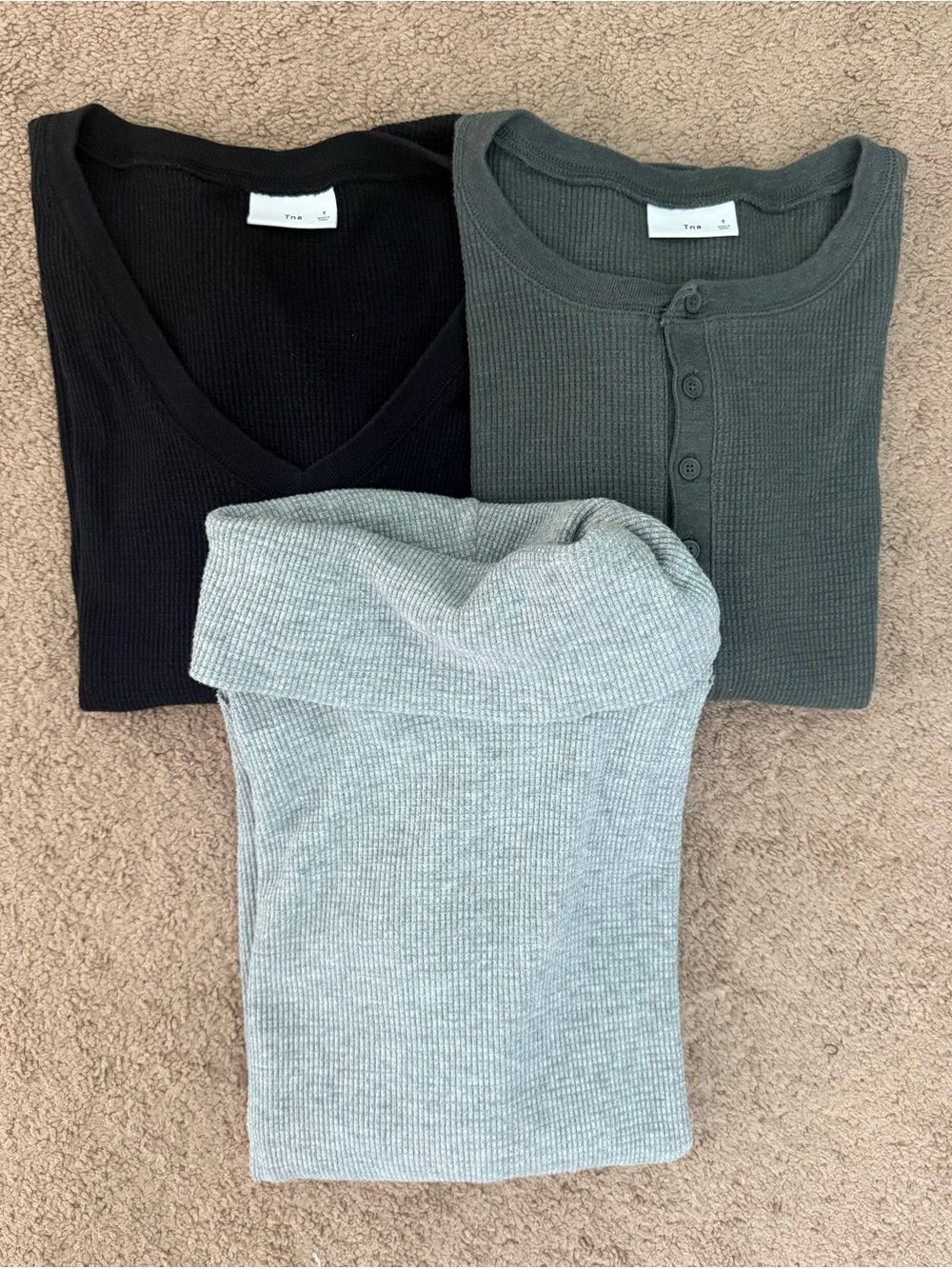 Aritzia TNA Long Sleeve Waffle Knit Tops - Black, Charcoal, Grey Size Small